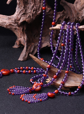 星雨 天然紫水晶项链紫水晶毛衣链搭配南红玛瑙配饰 时尚百搭送礼