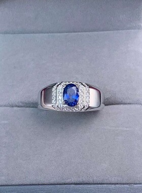 男士戒指天然蓝宝石戒指925银男戒矢车菊蓝宝石戒指网红直播