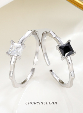 小众饰品s925纯银几何方形指环韩系开口方钻戒指ins气质食指戒女