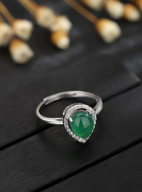 S925纯银水滴形绿玉髓活口戒指镂空镶锆石复古时尚个性指环