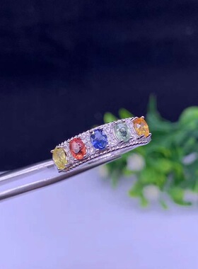 天然彩色蓝宝石戒指925银戒彩色排戒开口戒指经典时尚天然蓝宝石