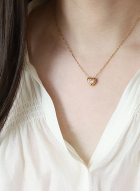 不褪色洗澡可带粉爱心锆石项链