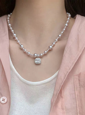 高品质~精致优雅曼塔玫瑰珍珠锆石项链小众设计轻奢高级感锁骨链