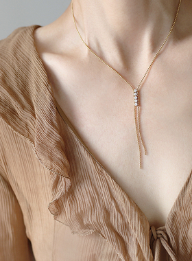 不褪色中古风精致锆石流苏圆珠链轻奢高级感气质锁骨链长款项链