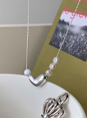 S925纯银新款小众设计感不规则扁豆珍珠爱心项链女轻奢叠戴锁骨链