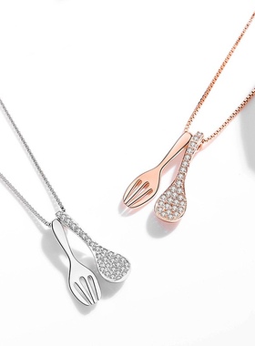 S925纯银汤勺叉子项链女韩版创意个性小众设计满锆锁骨链闺蜜礼物