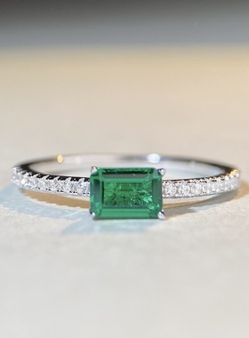 S925纯银祖母绿戒指女满钻ins风简约小方糖方形高级感银戒指