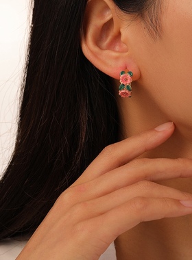 法式复古彩色山茶花珐琅滴油耳环高级感时尚气质小众中古s925银针