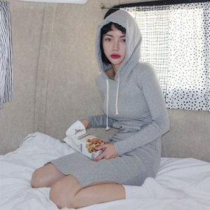 YMJY韩版连帽修身中长款开叉袋鼠口袋长袖显瘦女装连衣裙磨毛棉