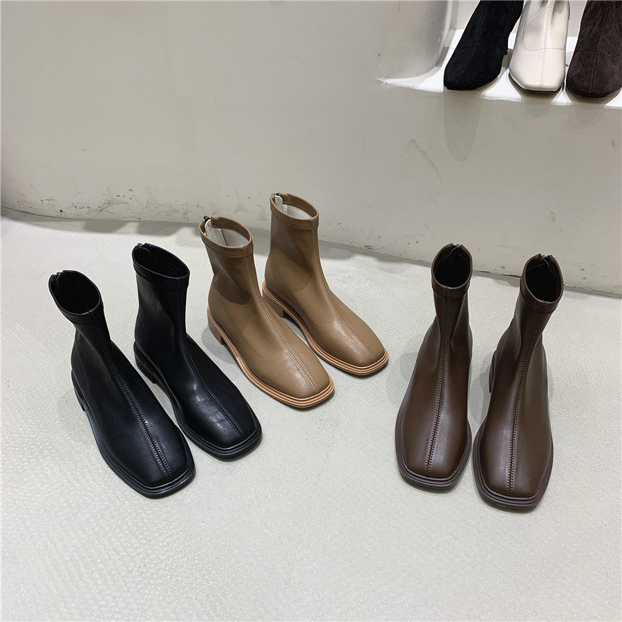 FQ3 实拍方头短靴女粗跟靴舒适透气时装靴套筒软底纯皮切尔西靴女,淘宝优惠券,粉丝福利购,淘宝优惠卷