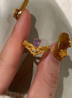 vintage法式公主风金色拉丝款镶嵌水滴紫钻皇冠戒指女小众设计