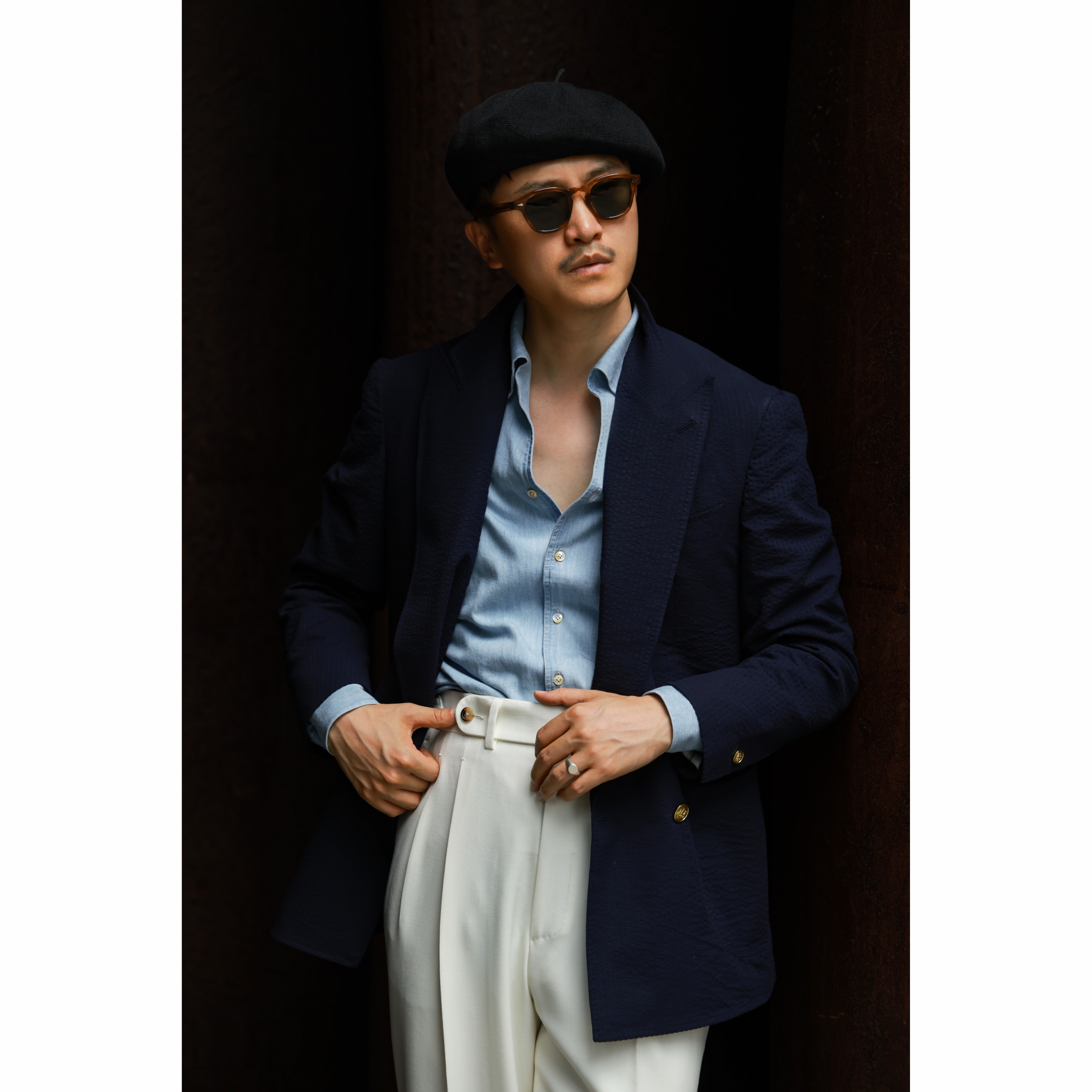 UGENTLE 高定半麻衬 泡泡纱「暮海蓝」米兰眼 双排4扣1布雷泽西服 - 图1