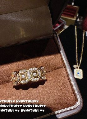 古法花丝螺钿无事牌宝石项链 新中式 八方来财钱币闪钻戒指 套装