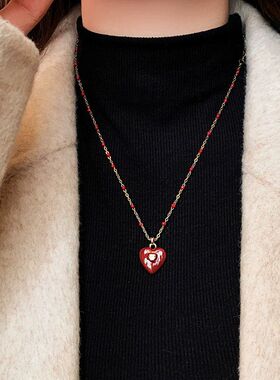 红色微镶爱心吊坠滴油珠毛衣项链女高级感轻奢小众秋冬配饰新款