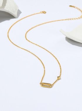 欧美跨境热销 真金电镀纯银 简约款镶锆石方形双扣吊坠链条锁骨链