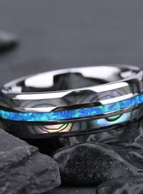 8宽球面钨钢戒指镶天然澳宝鲍鱼壳男士钨钢戒指现货一件代发