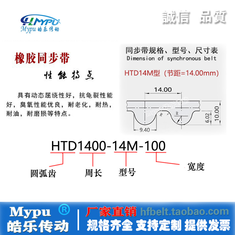 橡胶同步带 HTD1400-14M1386/1414/1428/1442/1456/1470/1498传动-图2