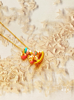 甜美少女心珐琅彩木马项链黄金色烧蓝甜甜圈吊坠蜜粉古法金颈链女
