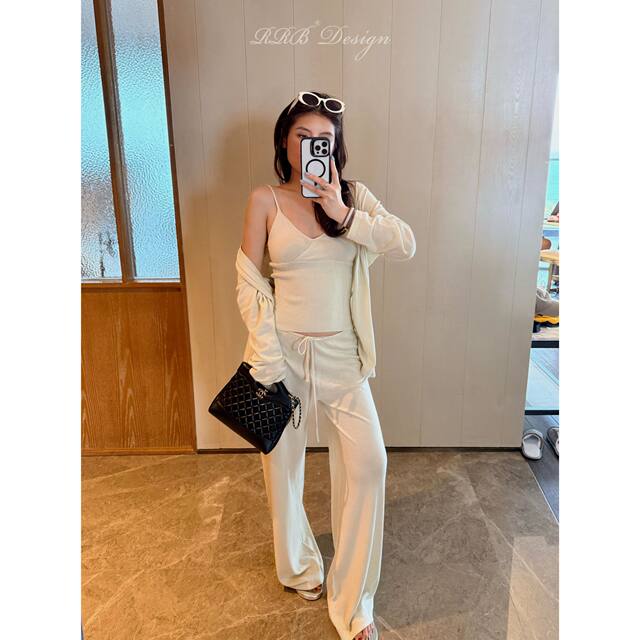ໂສ້ງຂາຍາວແບບ Knitted Cardigan Camisole ຊຸດສາມສ່ວນ