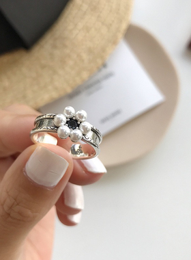 折-小花赫本风方形滴釉珍珠花朵日韩黑白戒指复古韩版开口指环女