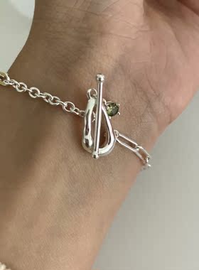 日韩925纯银不规则异形绿宝石吊坠OT扣手链小众轻奢首饰送礼物银