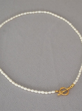 全新法式小米粒珍珠镀金项链复古质感合金保色OT扣项链锁骨链手链