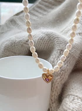 法式复古爱心宝石珍珠项链淡水米粒珍珠玫红镶钻轻奢锁骨链可叠戴