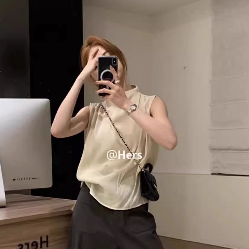 2025夏季高级感无袖立领衬衫女设计感小众气质休闲洋气雪纺衫上衣 - 图2