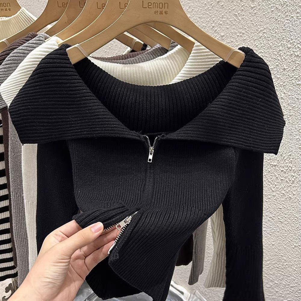 2025秋季一字肩毛衣外套女针织打底衫设计感小众短款拉链开衫上衣,淘宝优惠券,粉丝福利购,淘宝优惠卷