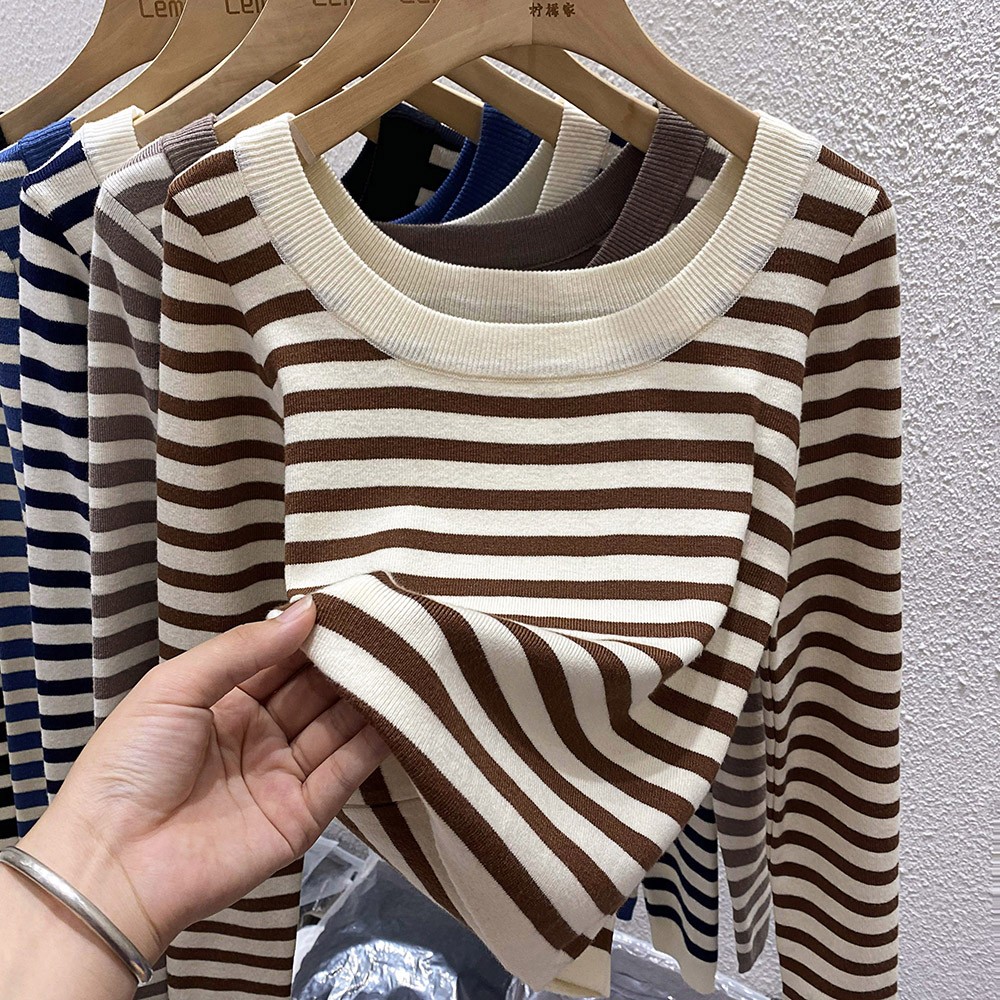 2025早春毛衣女加厚内搭打底衫复古设计感小众修身条纹针织衫上衣,淘宝优惠券,粉丝福利购,淘宝优惠卷