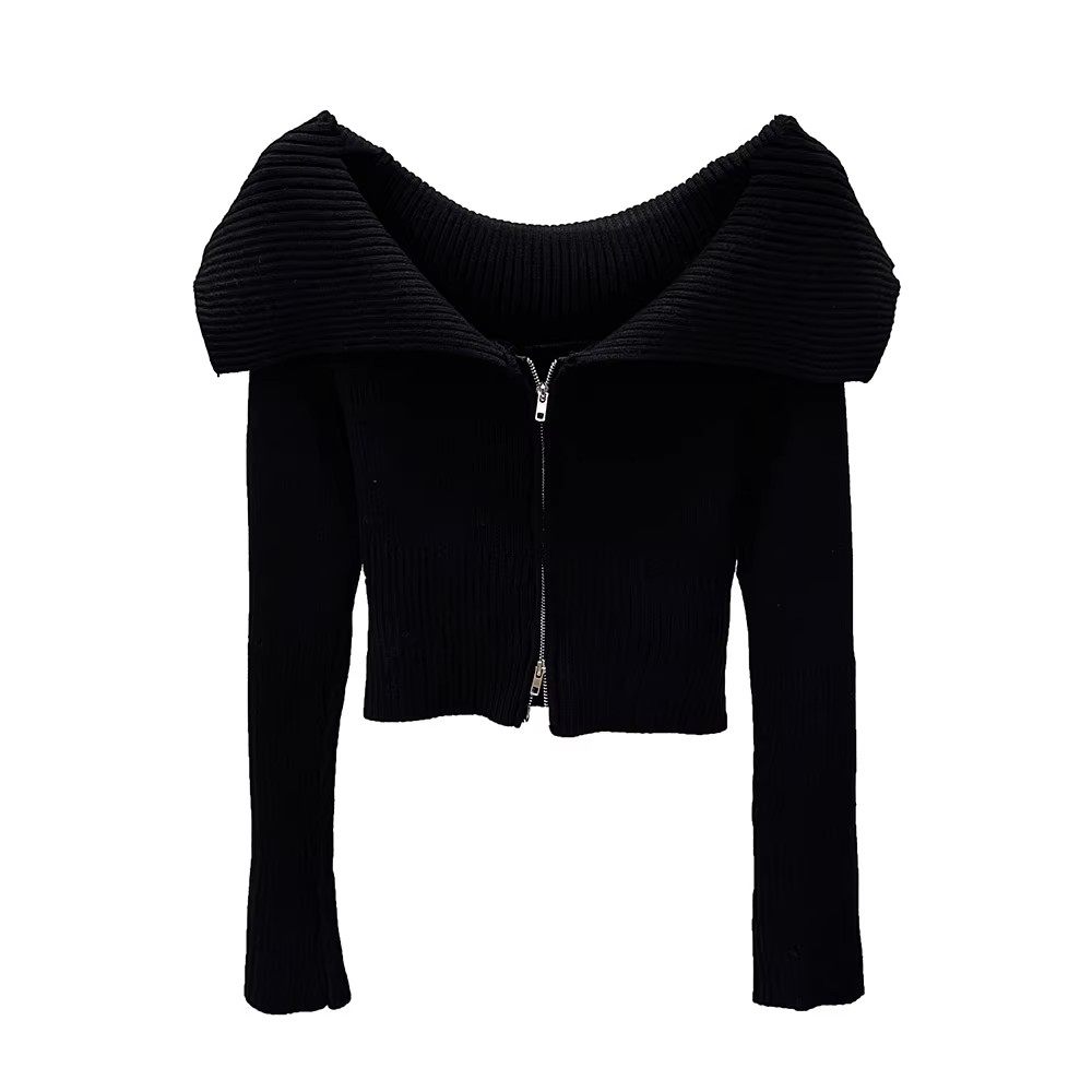 2025秋季一字肩毛衣外套女针织打底衫设计感小众短款拉链开衫上衣,淘宝优惠券,粉丝福利购,淘宝优惠卷