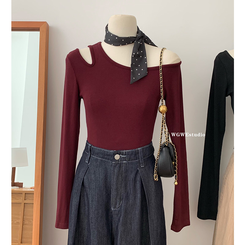 2024秋季不规则露肩长袖T恤女设计感小众修身内搭打底衫洋气上衣,淘宝优惠券,粉丝福利购,淘宝优惠卷