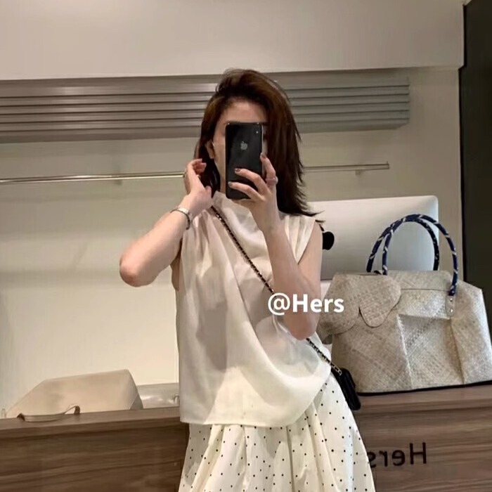 2025夏季高级感无袖立领衬衫女设计感小众气质休闲洋气雪纺衫上衣 - 图0