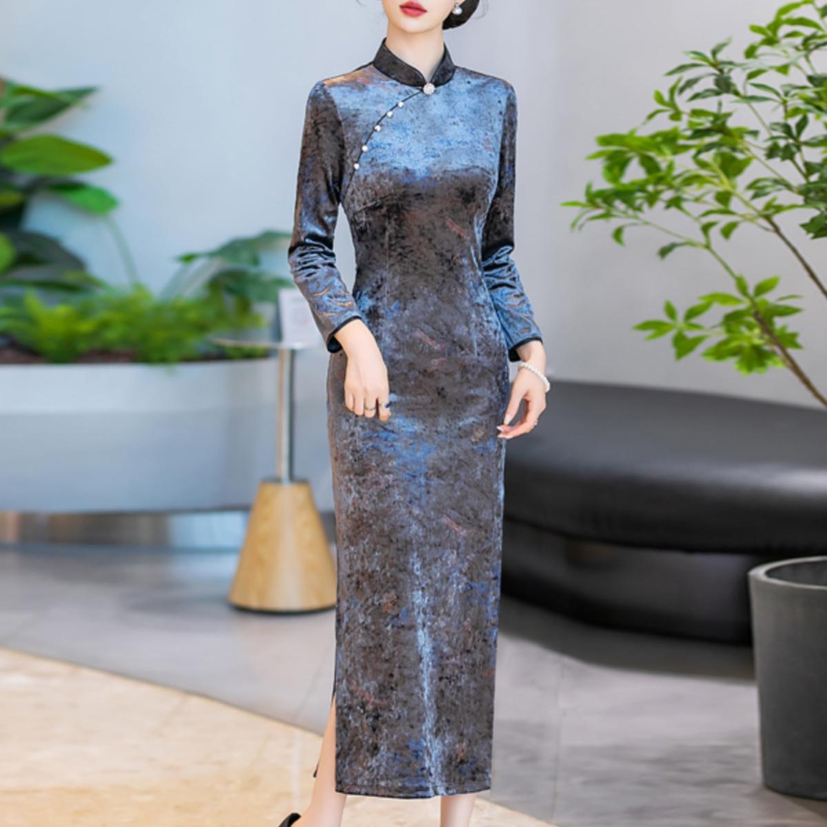 日常国潮风新中式旗袍绿色修身显瘦高端妈妈时尚春秋款改良连衣裙 - 图2