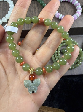 原创设计天然和田玉碧玉湖水绿卡8圆珠手串编号1099多样性发货