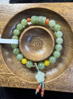 原创设计天然和田玉碧玉湖水绿卡8圆珠手串编号602-1多样性发货