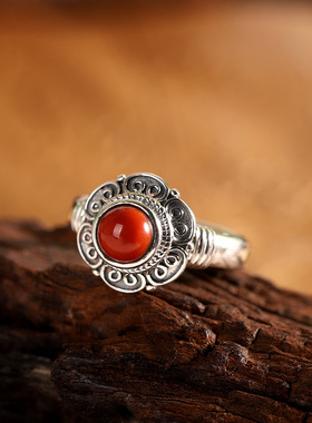 人品银品  s925银镶嵌南红玛瑙简约时尚个性女式民族风开口戒指