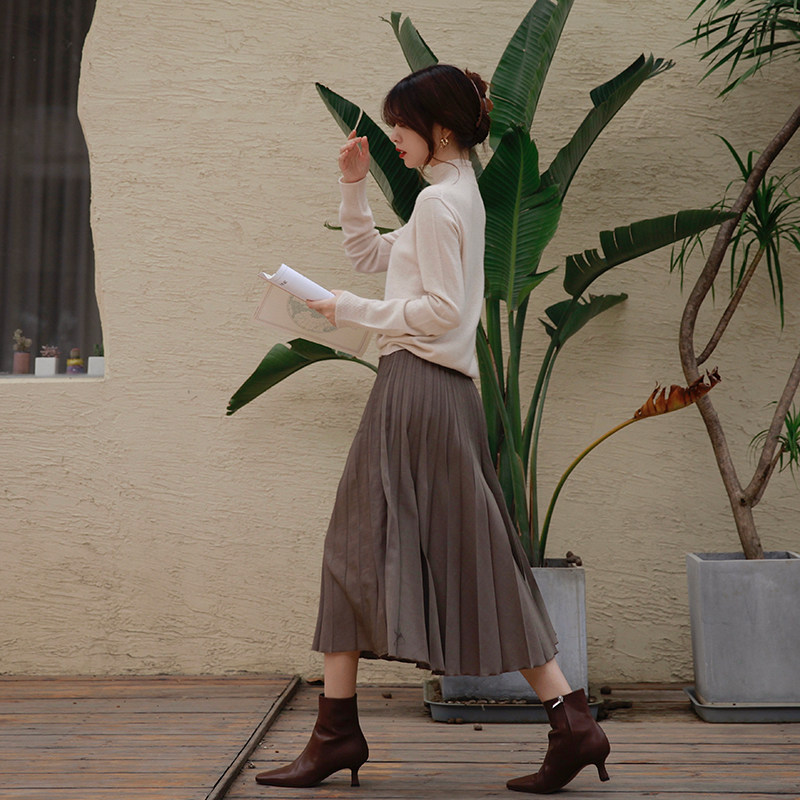 赵款款东京代官山jin口羊毛呢面料时髦摩卡棕高腰百褶半身裙 赵款款的店 淘优券