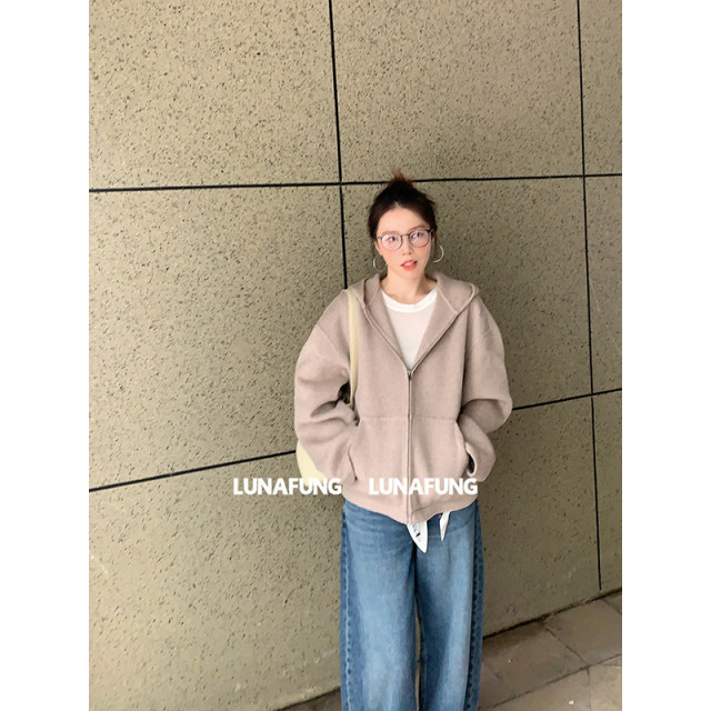 LUNAFUNG冯下文·燕麦色短款拉链羊毛双面呢外套女宽松连帽款大衣