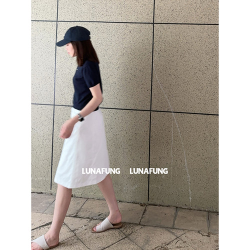 LUNAFUNG 冯下文白色高腰A字半身裙女全棉显瘦学院风韩版八奶裙子 - 图2