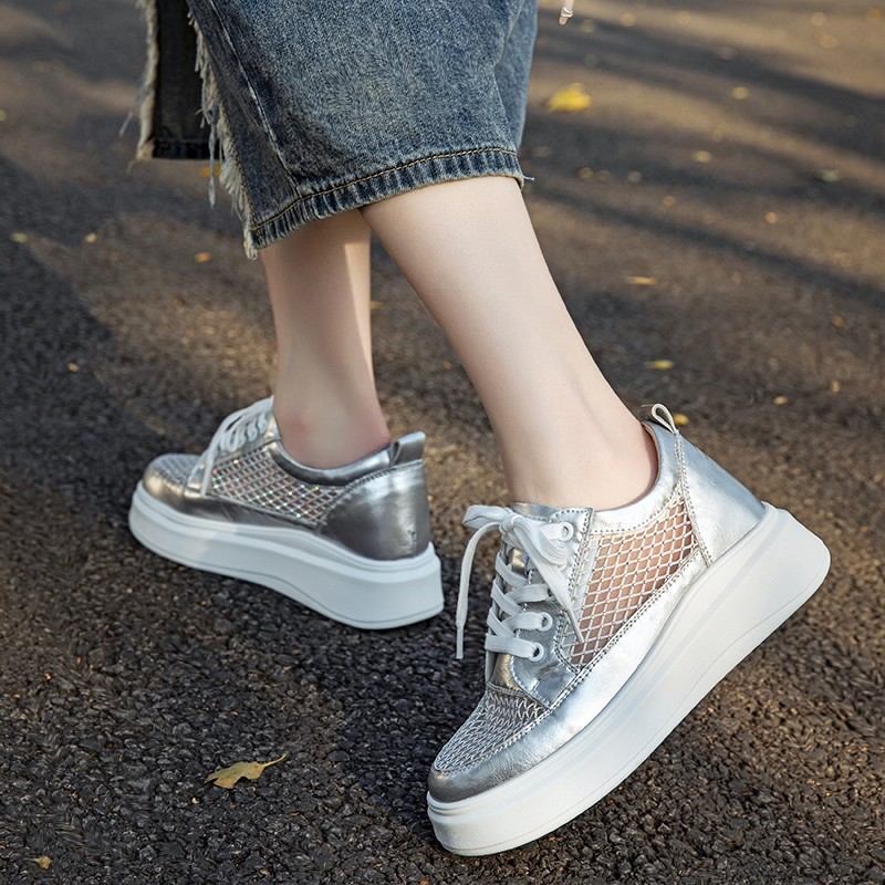 内增高小白鞋女夏厚底镂空网面水钻真皮拼接系带单鞋小码31 32 33,淘宝优惠券,粉丝福利购,淘宝优惠卷