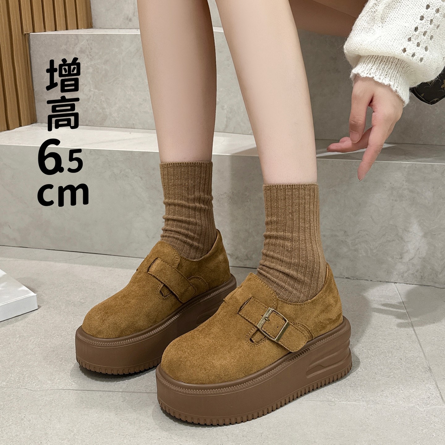 磨砂真皮勃肯鞋女松糕厚底增高一脚蹬扣带复古乐福鞋小码32 33 34,淘宝优惠券,粉丝福利购,淘宝优惠卷