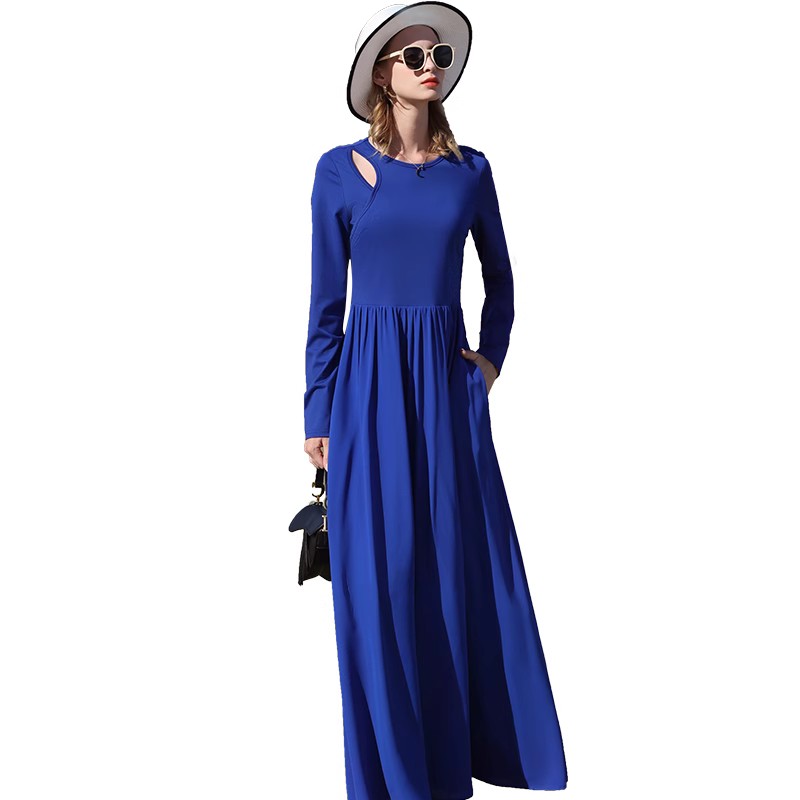 帝弗润驰24新款法式蓝色露肩针织连衣裙气质显瘦超长大摆女神长裙