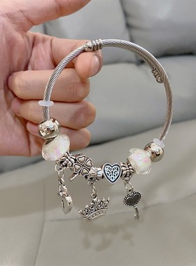 潘家多啦手链欧美跨境DIY串珠手镯女不锈钢钛钢手环百搭轻奢手饰