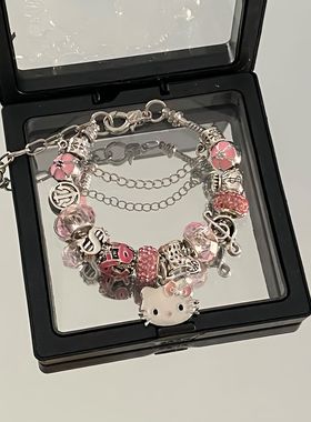 欧美跨境热卖diy可爱粉色KT猫咪吊坠手链潘式手镯手串镶钻手饰品