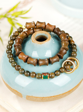 天然绿檀木双圈手链女生木质檀香盘玩男生竹节跑环双圈国风手串