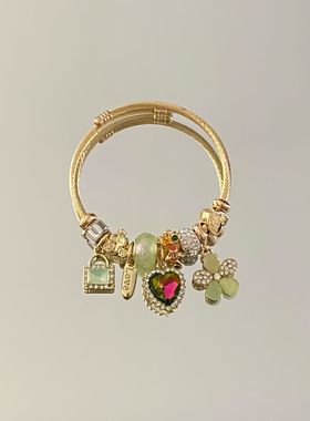 跨境新款不锈钢串珠爱心幸运草吊坠手镯百搭可调节个性闺蜜手环