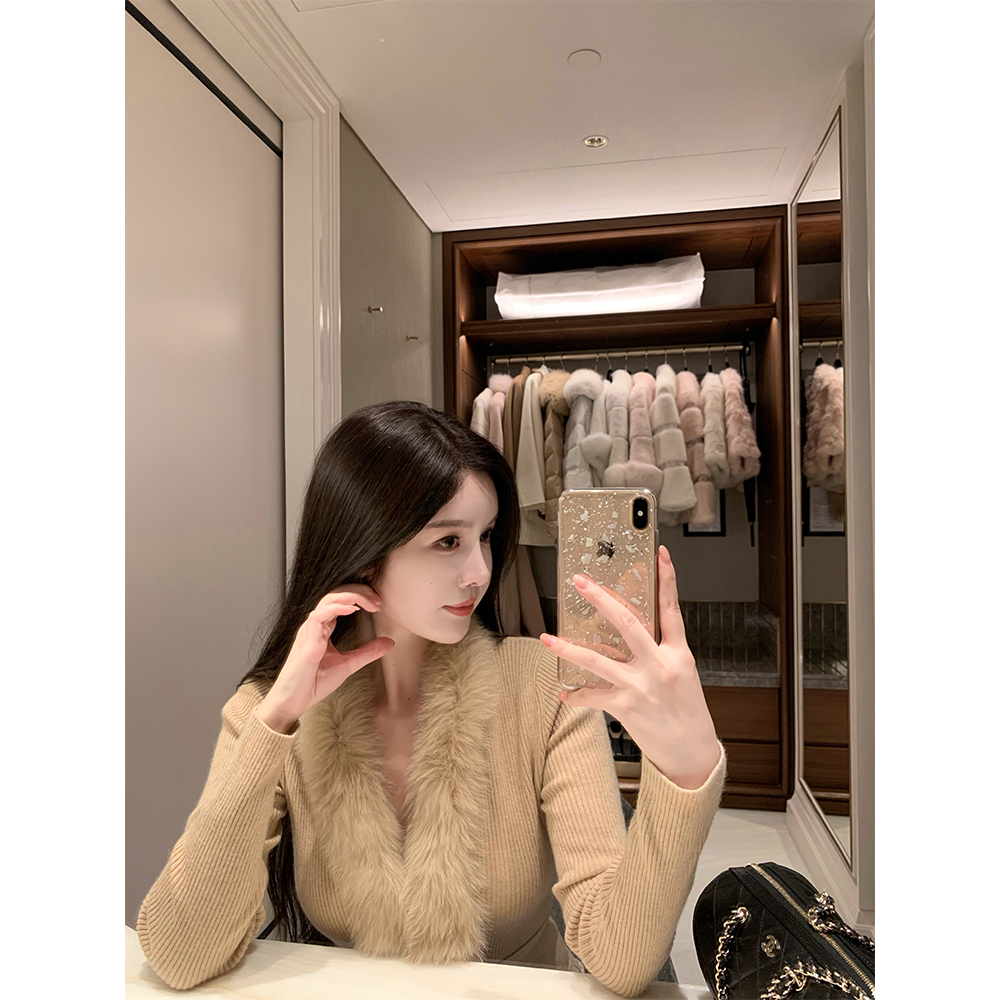 THE SWAN司凰轻奢 娇滴滴 羊绒羊毛狐狸毛针织开衫女绑带收腰上衣 - 图2