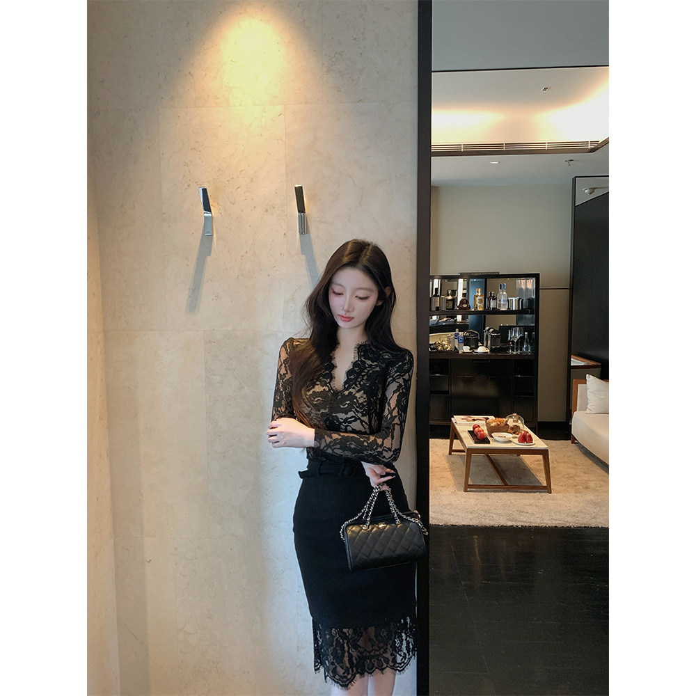 THE SWAN司凰轻奢 白月光 气质长袖蕾丝衫上衣羊毛包臀半身裙套装,淘宝优惠券,粉丝福利购,淘宝优惠卷