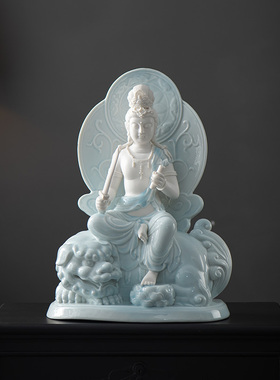 德化白瓷文殊普贤菩萨一对佛像摆件供奉家用佛堂陶瓷工艺品摆设